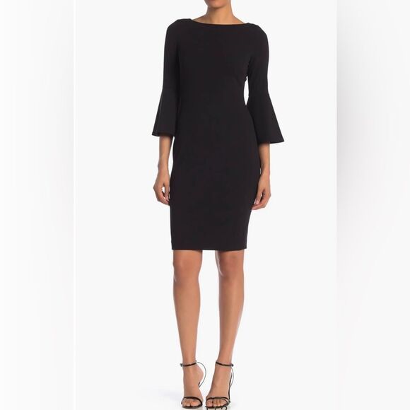 Calvin Klein Quarter Bell Sleeve Crew Neck Exposed Back Zip Sheath Dress 4 - Picture 1 of 7
